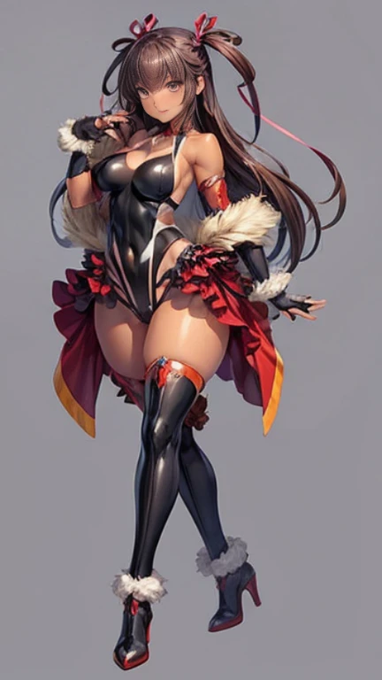 highest quality、one girl、full body figure、very big boobs,big ,perfect 5-fingered hands、Mizuki Yukikaze、shy face、perfect thing、big breasts、two perfect arms、two perfect legs、detailed description、small details、detailed face、Voluptuous legs、erotic pose、Mizuki Yukikaze、hair ribbon, black leotard, taimanin suit, one-piece tan, elbow gloves, fur trim, fingerless gloves, frilled leotard, thigh boots
