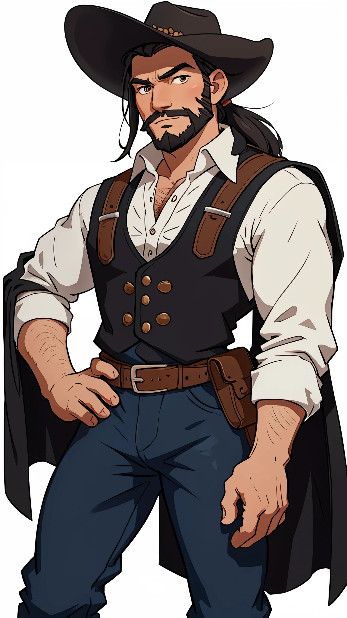 1 caucasian Man solo, solo.he has a short black beard and he has black flowing hair. Cowboy. Western outfit. White background