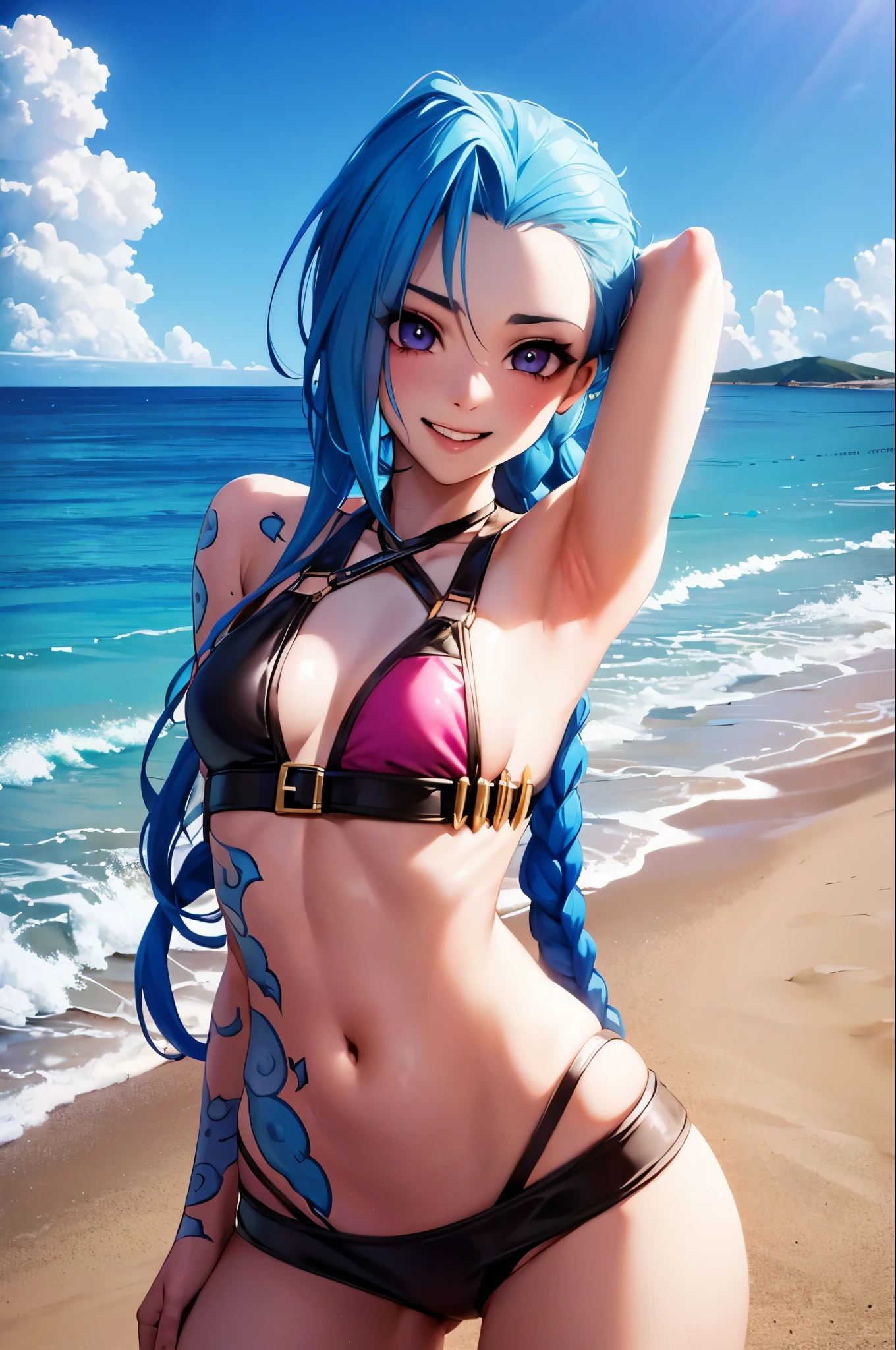 jinx, cuerpo completo, bikini, fondo de playa, pose sexy, sonriendo, ojos definidos, cuerpo definido, 8k extremadamente detallado