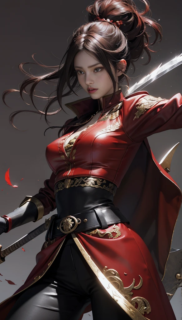 Woman in red top and black tight leather pants, She holds a crimson sword、Sword、Battle Characters, Long straight hair with red highlights on black hair,Hair fluttering in the wind,sharp eye、long lashes, nsfw, crimson attire, Realistic smooth skin delicately expressed in every detail,Realistically reproduces muscle texture、Intricately decorated crimson-themed long jacket、Big Brat Moon Background
