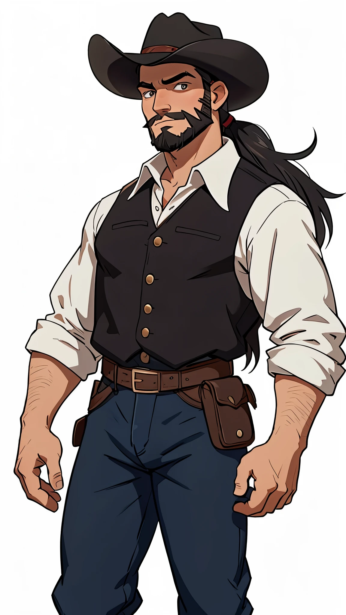 1 caucasian Man solo, solo.he has a short black beard and he has black flowing hair. Cowboy. Western outfit. White background