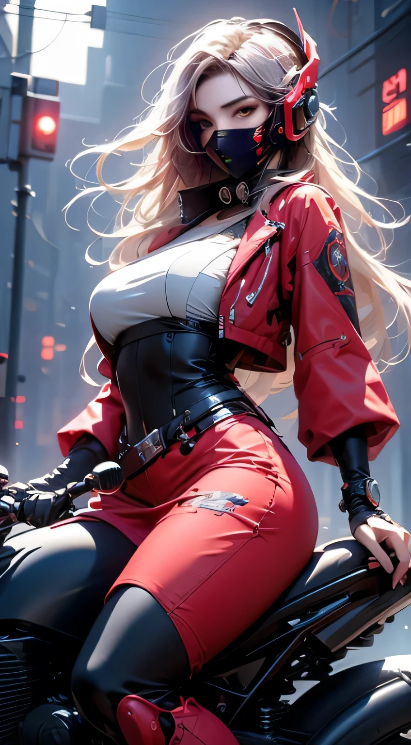 Highest image quality, outstanding detail, ultra-high resolution, (fidelity: 1.4), best illustration, favor details, highly condensed 1girl, with a delicate and beautiful face, dressed in black and red mecha, wearing a mecha helmet, holding a direction controller, riding on a motorcycle, the background is a high-tech lighting scene of the future city.