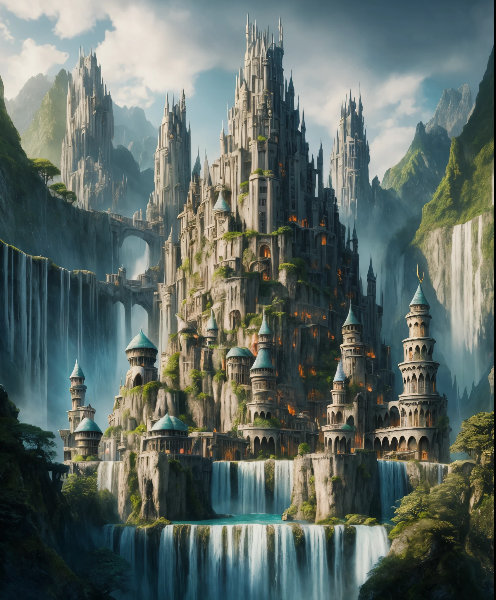 arafed castle in the middle of a waterfall with a bridge, fantasy architecture, big and structured valhalla city, epic rivendell fantasy, impressive fantasy landscape, high fantasy matte painting, fantasy matte painting, highly detailed fantasy art, matte painting in fantasy style, detailed fantasy digital art, fantasy capital city, breathtaking fantasy art, fantasy matte painting，cute