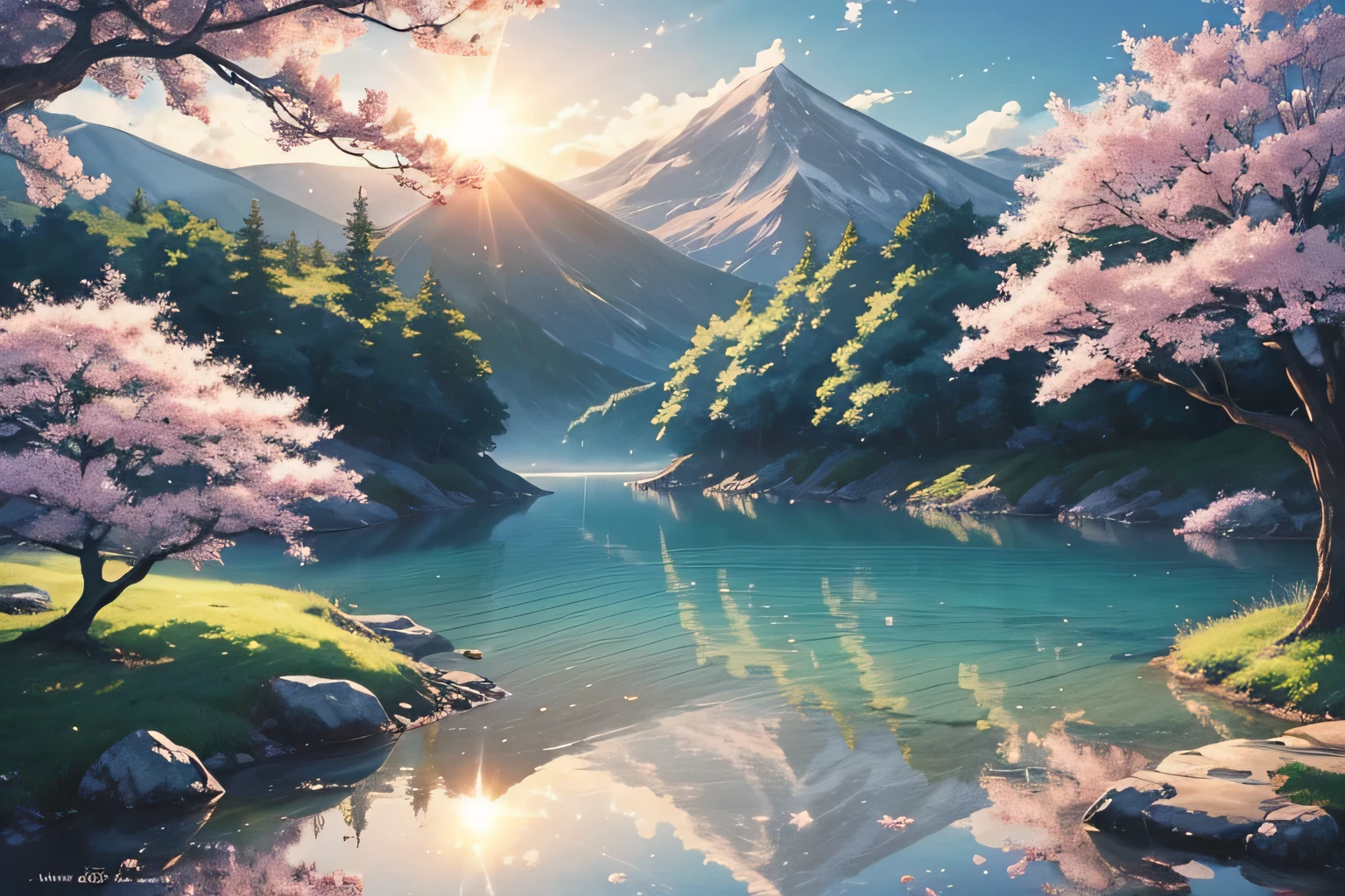Craft a digital anime-style illustration designed to be a calming and inspiring Facebook cover. Merge the grace of anime art with elements that bring a sense of peace and motivation. Experiment with a soothing color palette, gentle character poses, and perhaps a subtle play of light. Consider a nature-inspired setting like a quiet meadow, a cherry blossom garden, or a serene seascape. Opt for a composition that seamlessly integrates with profile elements. Explore influences from anime artists celebrated for their calming and inspirational artwork on platforms like Deviantart and Dribble."