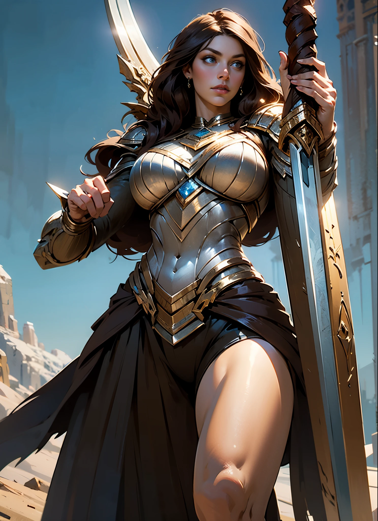 Alison Tyler as a Asgard valkyrie，blue eyes, long brown hair, perfect body, Senhora Cavaleiro，Anatomia correta，holding a magical big sword, epic fantasy digital art, masterpiece，8k，high-definition resolution，desenho detalhado，Qualidade Superior，, Epic composition