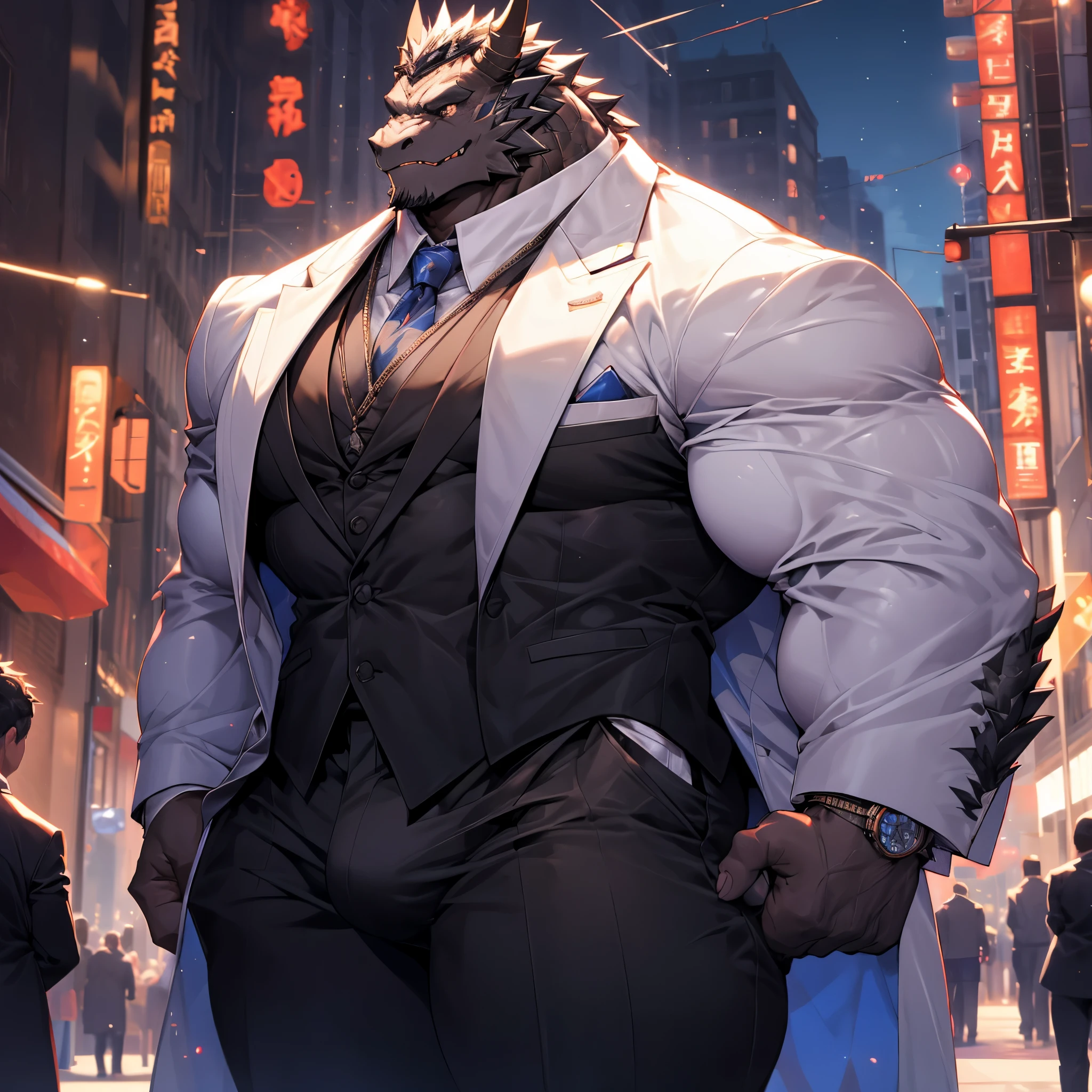 Very muscular black dragon, big pecs, heavy weight, bodybuilder build, wearing white jacket, formal attire, large bulge, standing while playing with a smartphone, in the public full of building, bright smile expression, glistening skin, vibrant color, 4k, realism, cool lighting