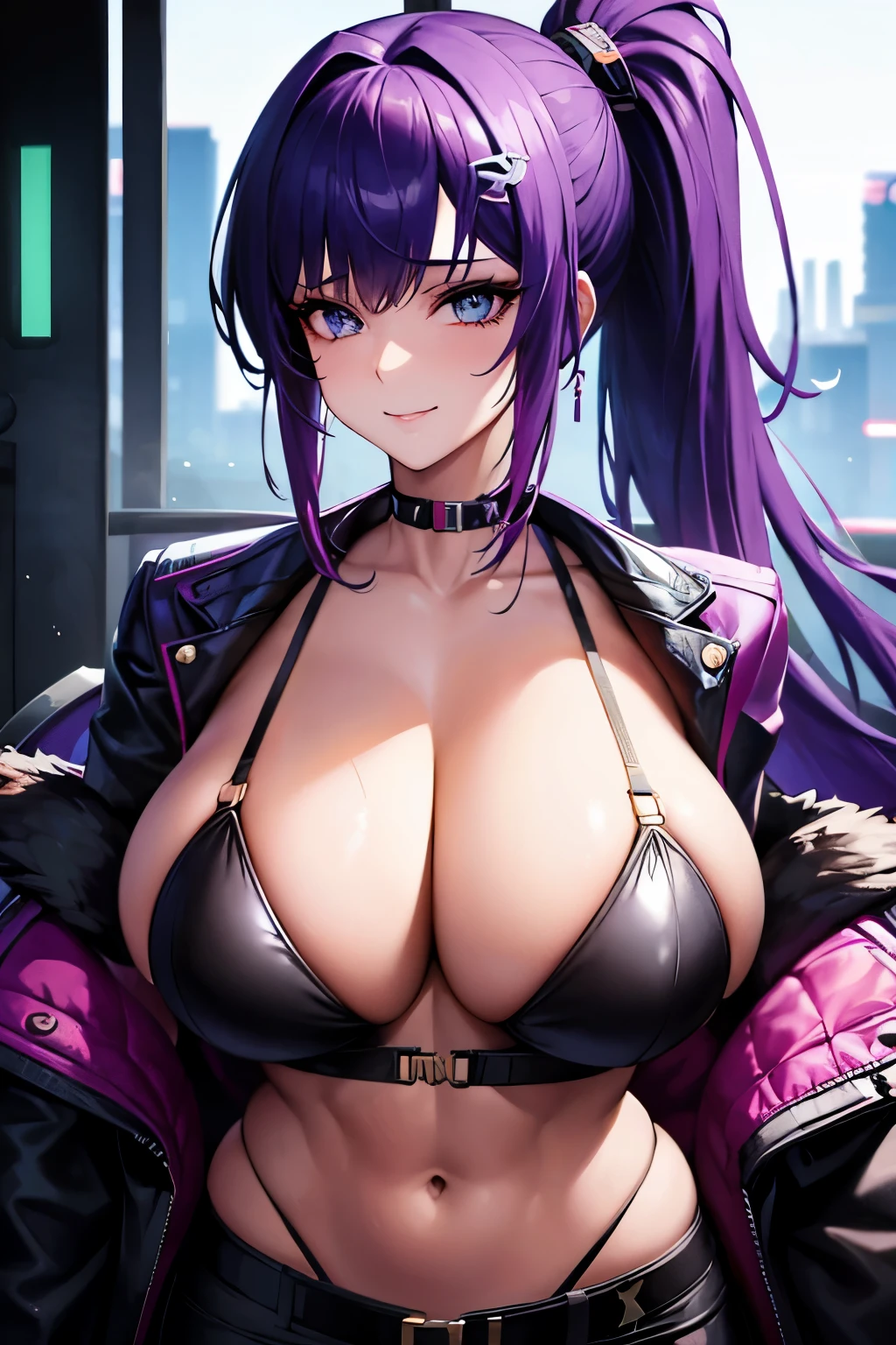 Beautiful girl, smile, cyberpunk, ponytail, bust up, abs, hair ornament, open chest clothes, pants, glossy skin, big breasts, cleavage, poses that show off cleavage, sexy,