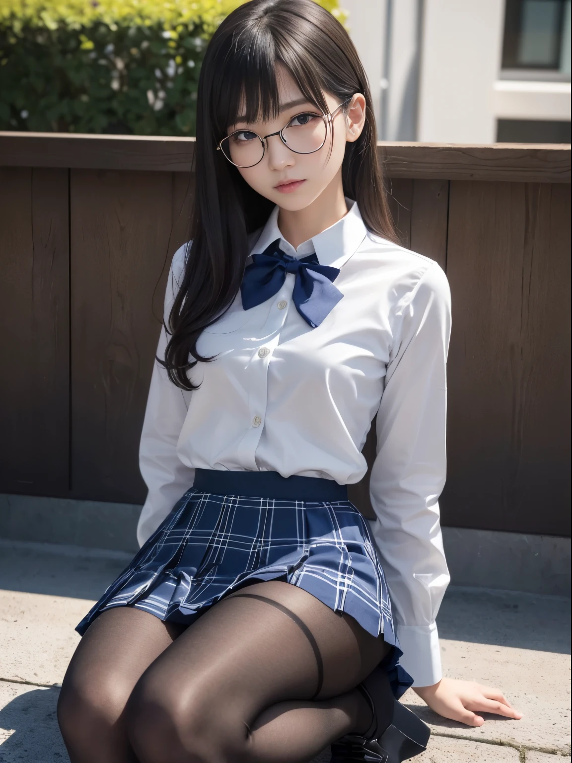 (I can see my underwear)、((細いeye))、((細いeye))、((細いeye))、(8K、生photographgraphy、highest quality、masterpiece:1.2),、small、(flat chest)、(flat chest)、(flat chest)、(flat chest)、(flat chest)、(Are thin)、Fair skin、Whitening、dark look、skinny,sex appeal,Fair skin肌,Saucy,School,looking at the viewer,looking straight ahead,high-pitched clothes,erotic,students,white skin,knees,(((black pantyhose)),((black pantyhose))),disorganized,(small face),(small face),I can see the forehead,Bangs hanging from the left and right sides of the forehead,(cold look,eyeがきつめ,glare,bullish,anger)、masterpiece,highest quality、ultra high resolution,生photograph,beautiful,beautiful,There is only one person, solo,Glasses,,dark look,small breasts same,full body,(まるGlasses),JK uniform,high school girl,japanese woman, (photorealistic:1.37)、photon mapping,Reality、beautiful woman,cute baby face,ブラウンeye、black socks、(red bow tie)、radio city、Physically based rendering、depth of field rally background、photograph,body,beautiful feet, long legs, thin legs,(I can see my bangs), Hairy pubic area, lips, blue_eye, nose soft,(light blue dress shirt), (Navy, blue and white plaid pleated skirt), kneesが見える,transparent clothing,, Peaches, black cotton socks,Nogizaka Idol, , japanese idol