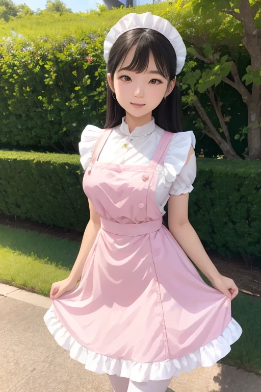 araffe asian woman in white dress posing for a picture, a pastel inspired by Fujiwara Takanobu, tumblr, shin hanga, maid outfit, maid dress, cosplay of a catboy! maid! dress, , pink puffy outfit, pink color!!!!!, dressed in a beautiful pink, lolita style, white skirt, sakimichan