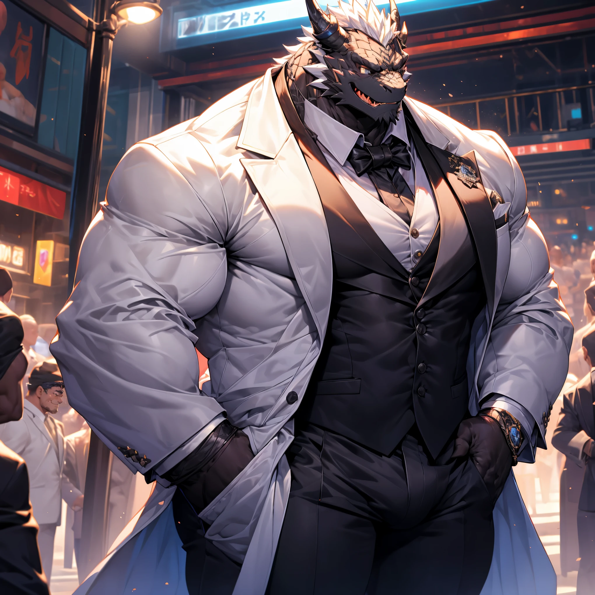 Very muscular black dragon, big pecs, heavy weight, bodybuilder build, wearing white jacket, formal attire, large bulge, standing while playing with a smartphone, in the public full of building, bright smile expression, glistening skin, vibrant color, 4k, realism, cool lighting