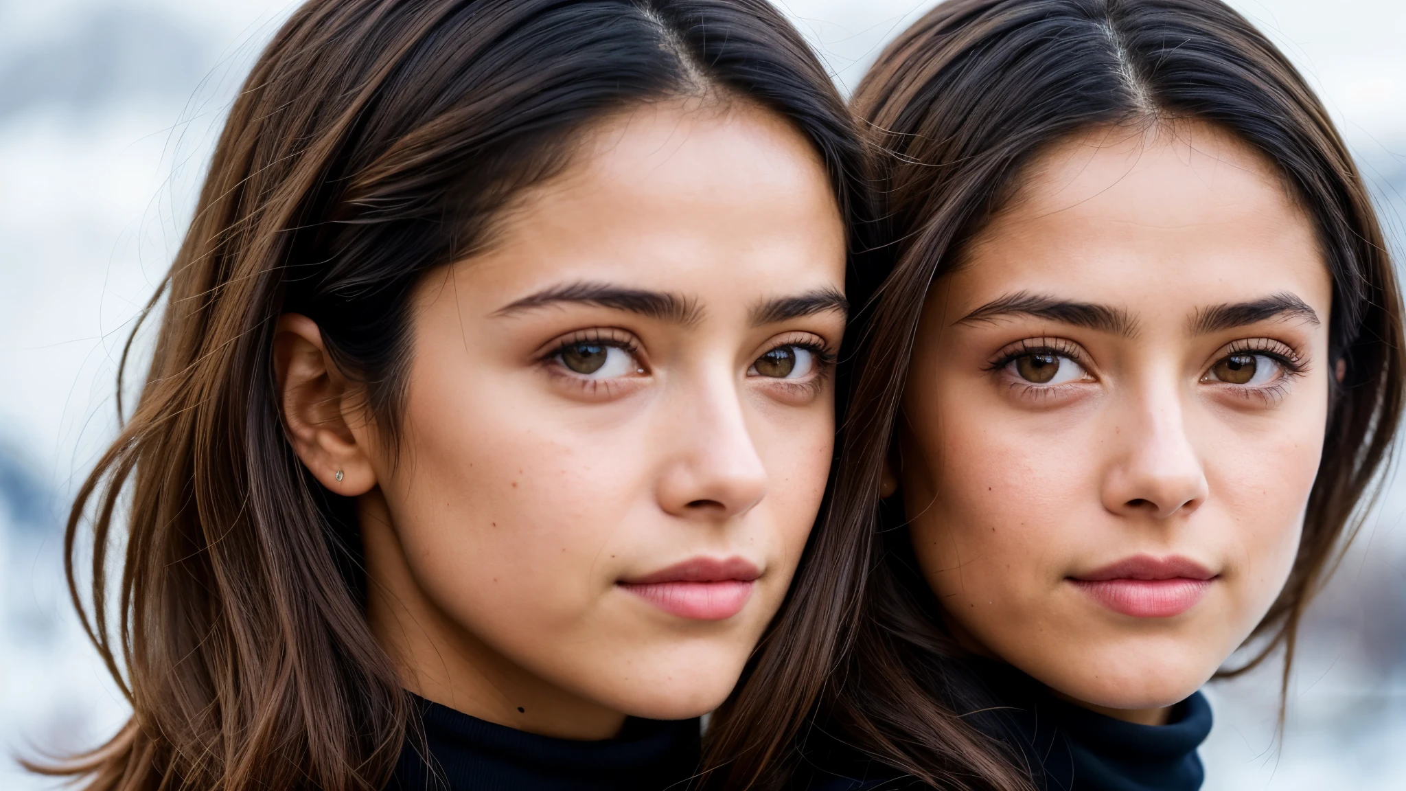 Beautiful, eye-catching colors all over., (sks girl:1), Wear a black turtleneck., Great character elements, By Ilya Kuvchinov, Alessio Albi, Nina Masik, Sharp focus, natural light, subsurface scattering, f5, 18 mm., Film texture, short hair, There is the village of Grindelwald, Switzerland, in the background., A slight smile on his face.