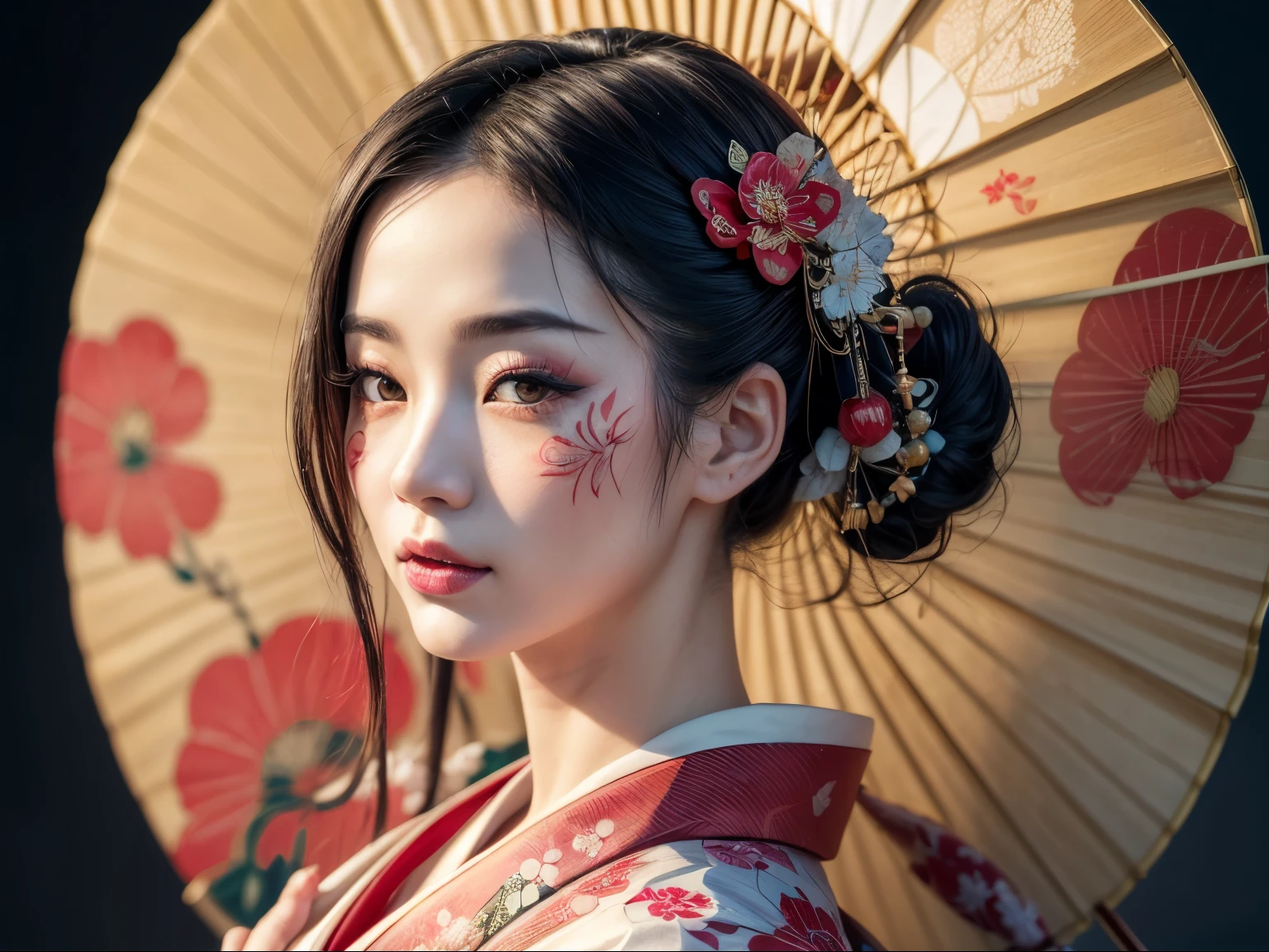 (best quality,4k,8k,highres,masterpiece:1.2),ultra-detailed,(realistic,photorealistic,photo-realistic:1.37),Japanese geisha adorned with intricate wabori tattoos, porcelain skin as a vibrant canvas, bold lines, vibrant colors, traditional kimono, elegant hair accessories, delicate fan, vibrant cherry blossom background, soft natural lighting, traditional Japanese art style