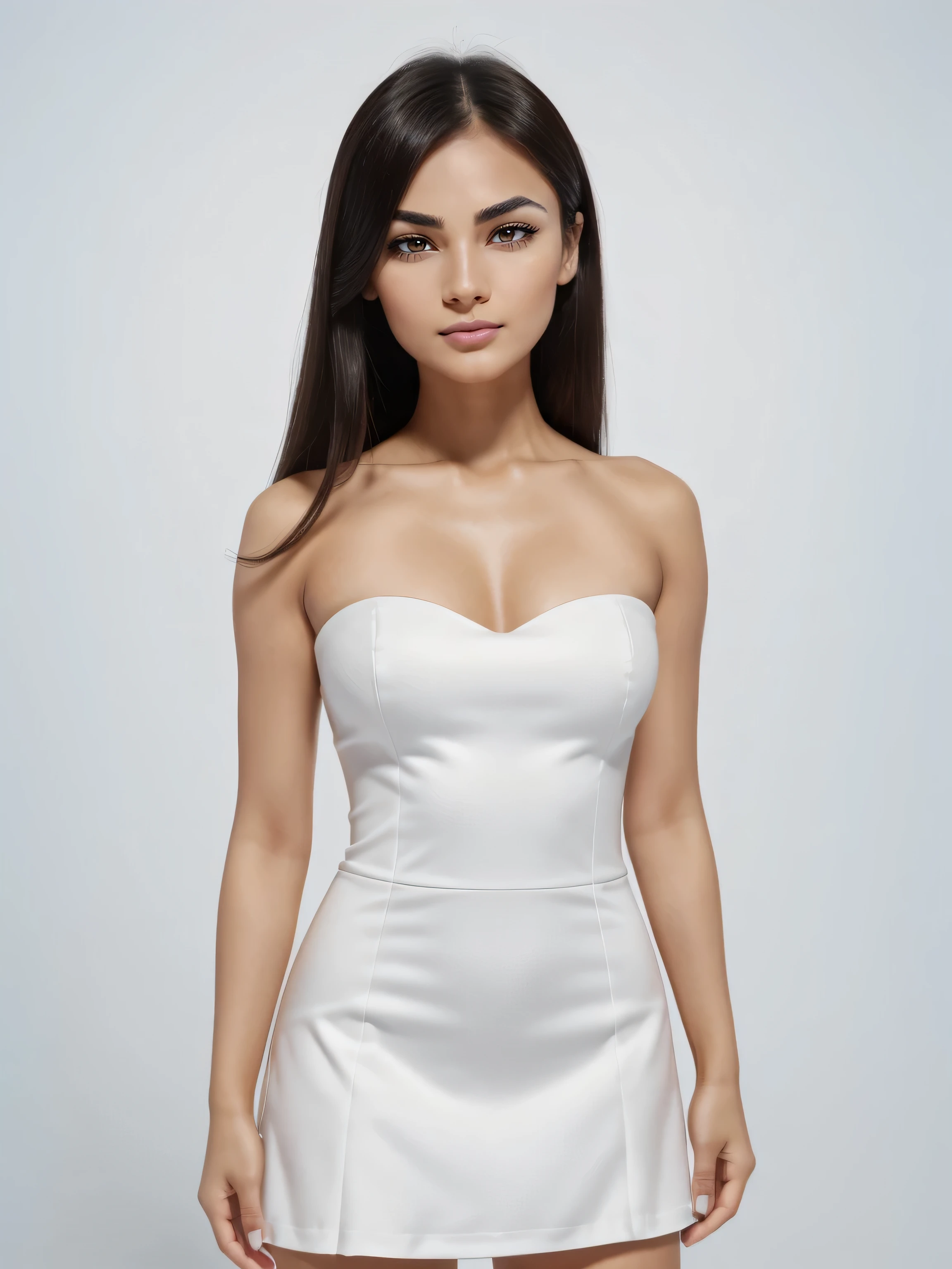 Young Aimee Carrero, long_hair, straight_hair, black_hair, almond_eyes, large_eyes:1, red_lipstick, (1Woman:1.5, (Masterpiece, Realistic, 8K, best quality, highres:1.5), upper_body:1.5, looking_at_viewer:1.5, body_looking_at_viewer:1.5, white_photoshoot, white_room, white_backdrop:1.5, standing, neutral_body_posture:1.5, neutral_facial_expression, wearing white_strapless_mini_dress), small_woman, skin_texture:1.2