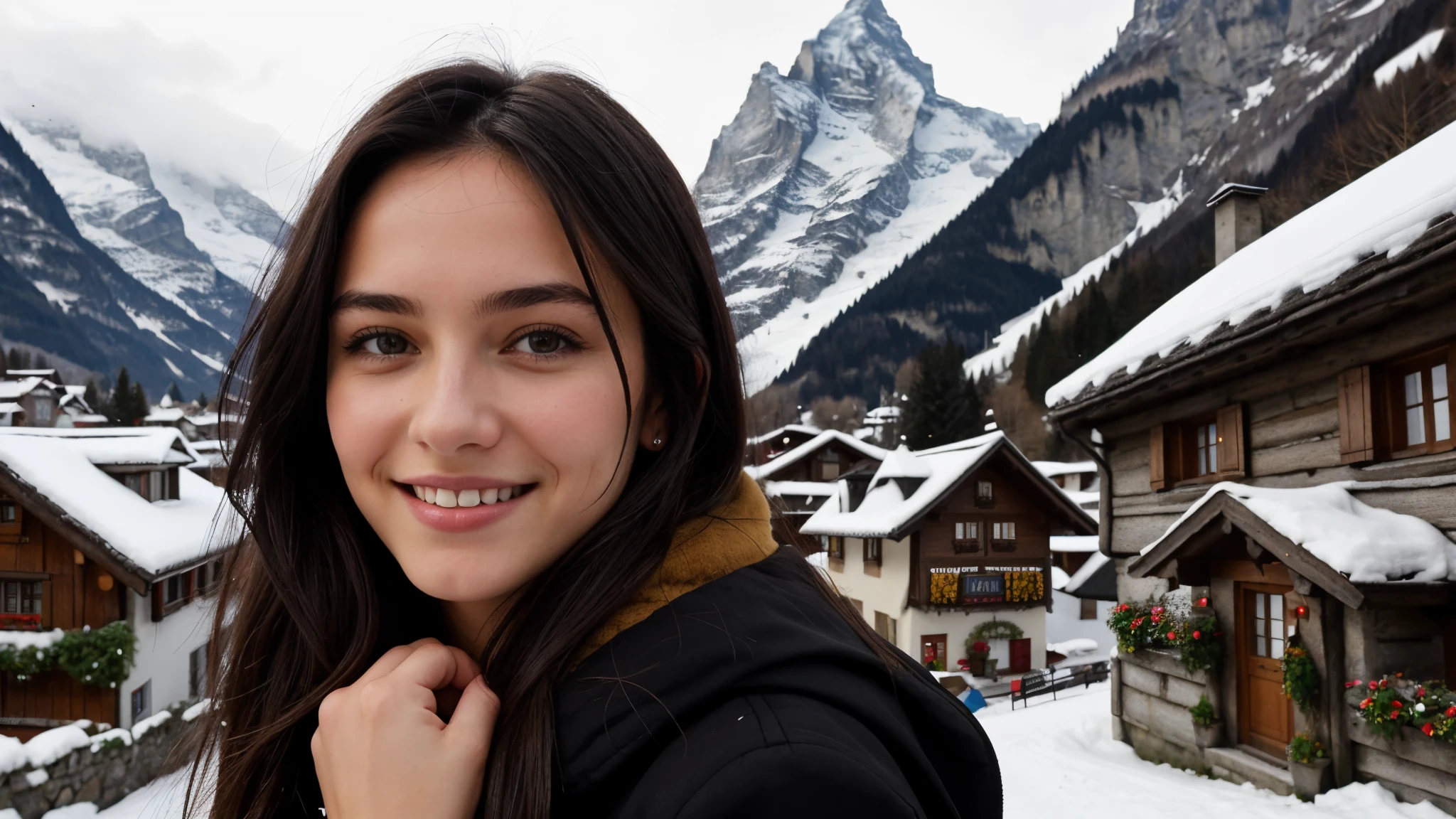 Instagram pictures, French Girl, Shoulder length hair, black hair, Close-up photo, coat, The background is the village of Grindelwald..., Switzerland, smile a little,