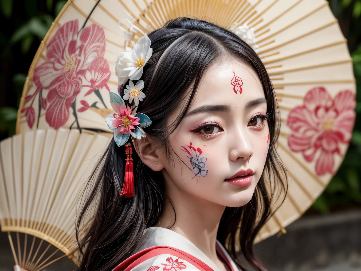 (best quality,4k,8k,highres,masterpiece:1.2),ultra-detailed,(realistic,photorealistic,photo-realistic:1.37),Japanese geisha adorned with intricate wabori tattoos, porcelain skin as a vibrant canvas, bold lines, vibrant colors, traditional kimono, elegant hair accessories, delicate fan, vibrant cherry blossom background, soft natural lighting, traditional Japanese art style