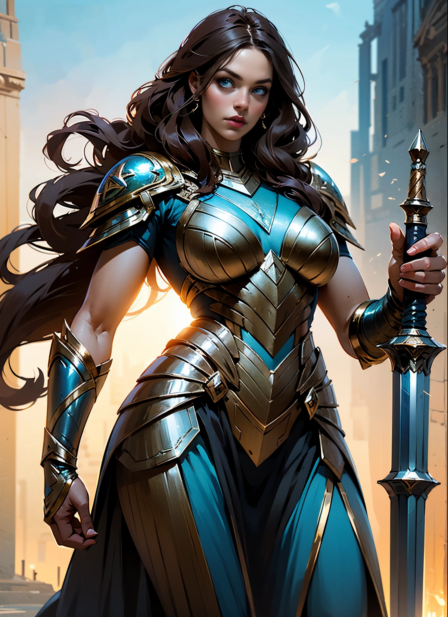 Alison Tyler as a Asgard valkyrie,blue eyes, long brown hair, perfect body, Senhora Cavaleiro,Anatomia correta,holding a magical big sword, epic fantasy digital art, masterpiece,8k,high-definition resolution,desenho detalhado,Qualidade Superior,, Epic composition