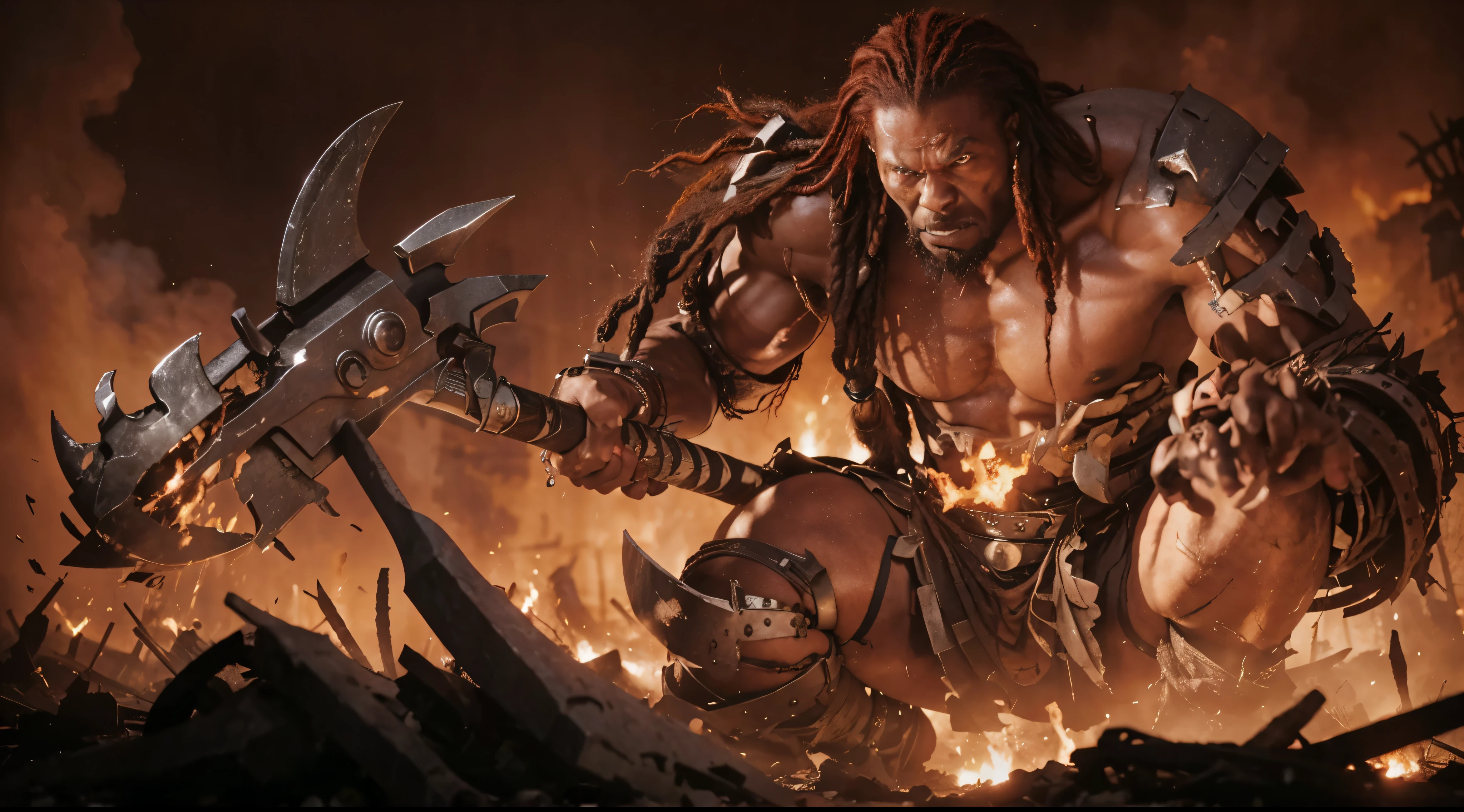 A black man with a dreadlocks red hair and a scary expression is holding an axe, ready to strike. He appears to be a warrior or a barbarian, as he stands in front of a pile of skulls. The image has a dark and ominous tone, with the man being the main focus of the scene.