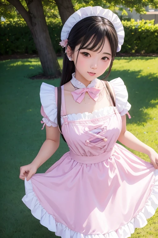 araffe asian woman in white dress posing for a picture, a pastel inspired by Fujiwara Takanobu, tumblr, shin hanga, maid outfit, maid dress, cosplay of a catboy! maid! dress, , pink puffy outfit, pink color!!!!!, dressed in a beautiful pink, ****ta style, white skirt, sakimichan