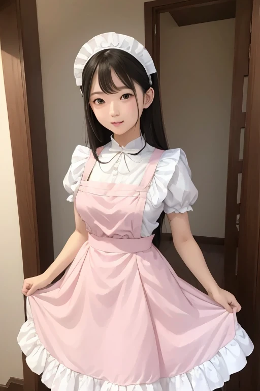 araffe asian woman in white dress posing for a picture, a pastel inspired by Fujiwara Takanobu, tumblr, shin hanga, maid outfit, maid dress, cosplay of a catboy! maid! dress, , pink puffy outfit, pink color!!!!!, dressed in a beautiful pink, lolita style, white skirt, sakimichan