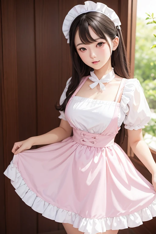 (Top Quality, 8k, 32k, Masterpiece, UHD: 1.2), 1 Girl, Beautiful Japan Woman, Thin Waist, High School Student, Standing Figure, (Girly Fashion), (Pastel Colors, Ruffled Clothes, Clothes with Ribbons, Floral Dresses, Blouse with Lace, Socks with Ruffles, Loafer Pumps), Cinematic Light, (Bite Pose: 1.2), (Smile at Whoever You Like),