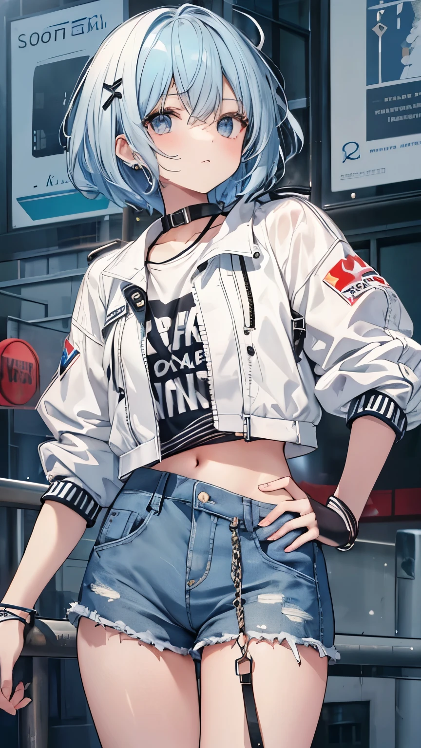 a girl,Short blue hair,Black hairpin,navel-baring outfit,White short jacket,white denim shorts,Visible all over the body