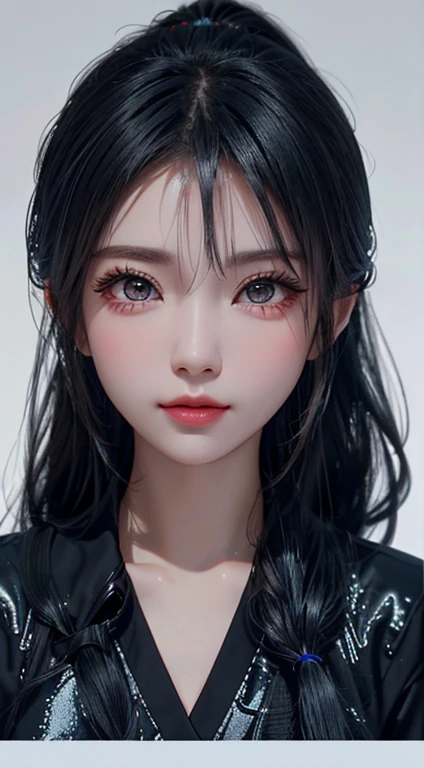 long eyelashes, solid round eyes, ponytail, Hair is black and shiny, Color contact lenses, Surrealism, shadow, relief, Stereo view, perspective, 大气perspective, 8k, Super details, precise, best quality,1 girl