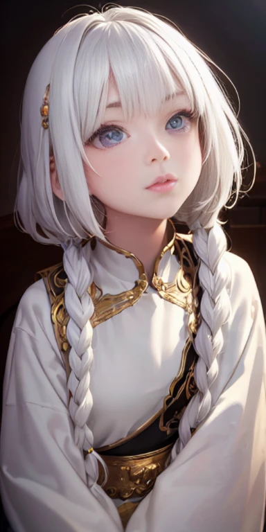 Anime girl with white hair and pigtails sits on a chair., artwork in the style of Gouvice, Realistic rendered anime girl, 8K vertical rendering, Gouvice on artstation pixiv, Rendering of a cute 3D anime girl., Gouvice on pixiv artstation, Gouvice, Detailed digital anime art, smooth cg anime art