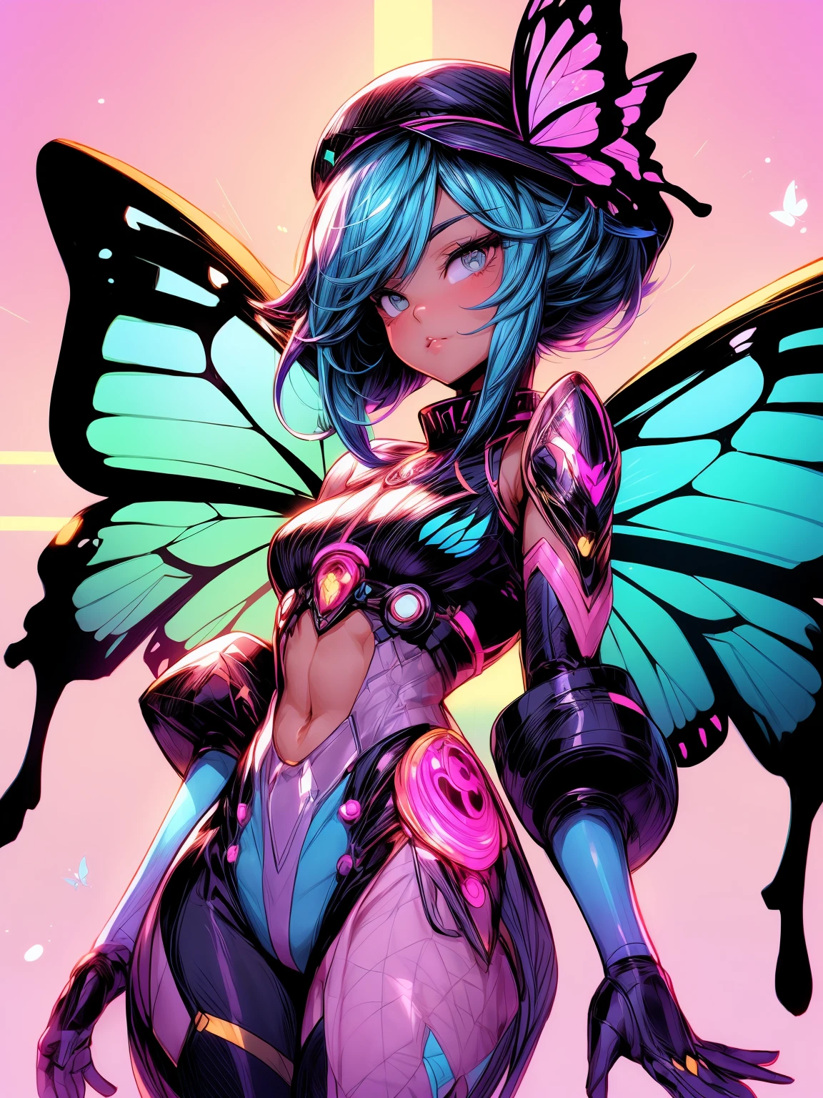 (((masterpiece))), ((best quality)), ((ultra-detailed)), (CG illustration), (an extremely devious and beautiful)), (cute desktop face), cinematic light, ((1 mechanical girl)), blue and purple and pink gradient tones, Equipped with mechanical butterfly wings, beautiful face,  face, blue crystal butterfly, Tyndall light, aesthetic light and shadow, single, full body, female perfect body, (machine-made joints: 1.4), ((mechanical limbs)), (blood vessels attached to tubes), ((mechanical spine attached to the back)), ((mechanical cervical vertebrae attached to the neck), ((sitting)), expressionless, (wires and cables attached to the head and body: 1.5), (character focus), science fiction