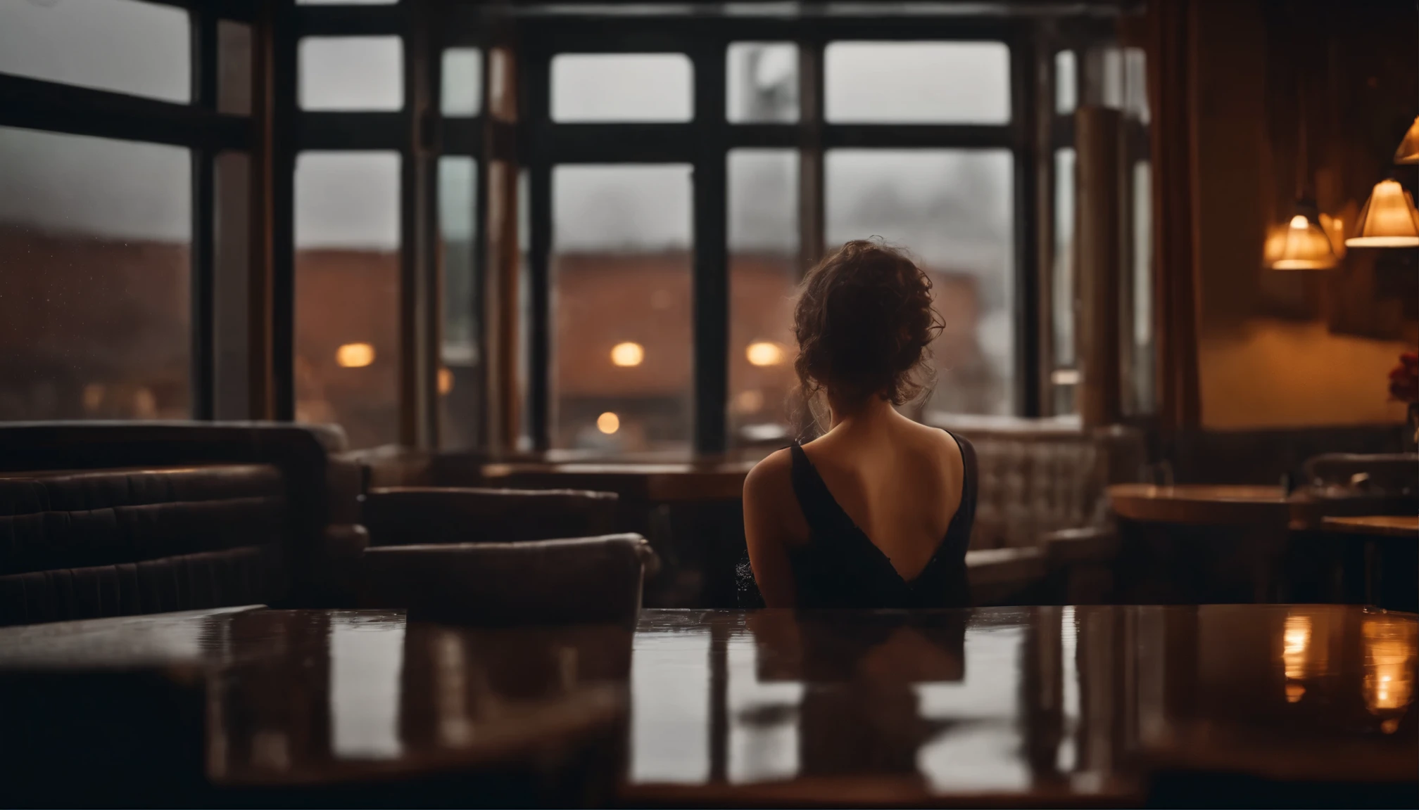 warm ligths,Photo of 1girl sitting in a jazz cafe with rainy outside,rainy,(rainy :1.2), (foggy big windows:1.2),rainy, ,skinny,tight dress,big , (cinematic look:1.4),soothing tones,insane details,intricate details,hyperdetailed,low contrast,soft cinematic warm,cozy ,(jazz colors:0.6),hdr,raw,slate warm atmosphere,(raining outside:1.2),wet glass,full body, behind,