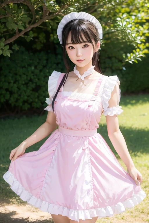 araffe asian woman in white dress posing for a picture, a pastel inspired by Fujiwara Takanobu, tumblr, shin hanga, maid outfit, maid dress, cosplay of a catboy! maid! dress, , pink puffy outfit, pink color!!!!!, dressed in a beautiful pink, lolita style, white skirt, sakimichan