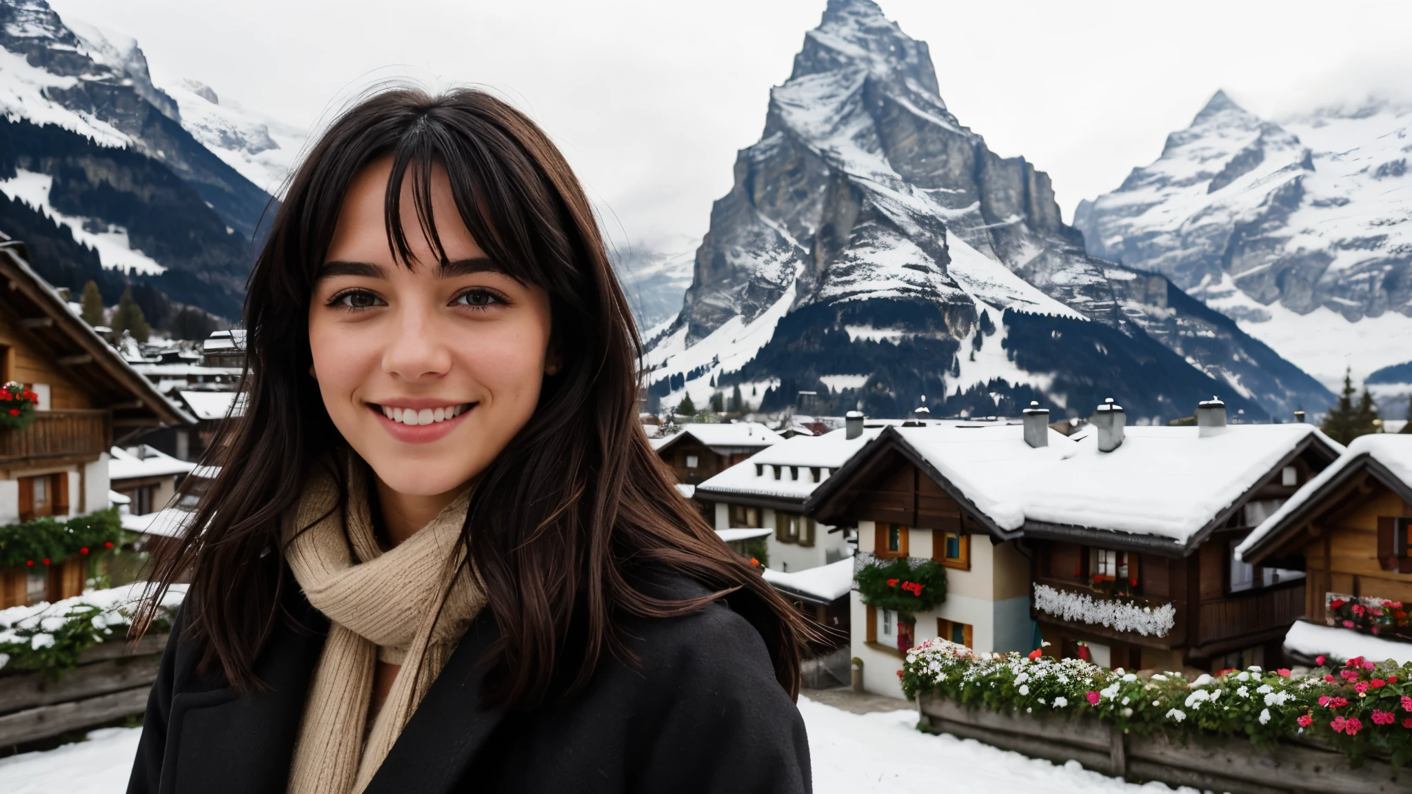 Instagram pictures, French Girl, Shoulder length hair, black hair, Close-up photo, coat, The background is the village of Grindelwald., Switzerland, smile a little,