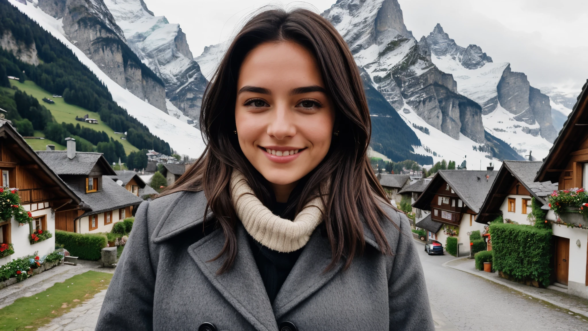 Instagram pictures, French Girl, Shoulder length hair, black hair, Close-up photo, coat, The background is the village of Grindelwald., Switzerland, smile a little,