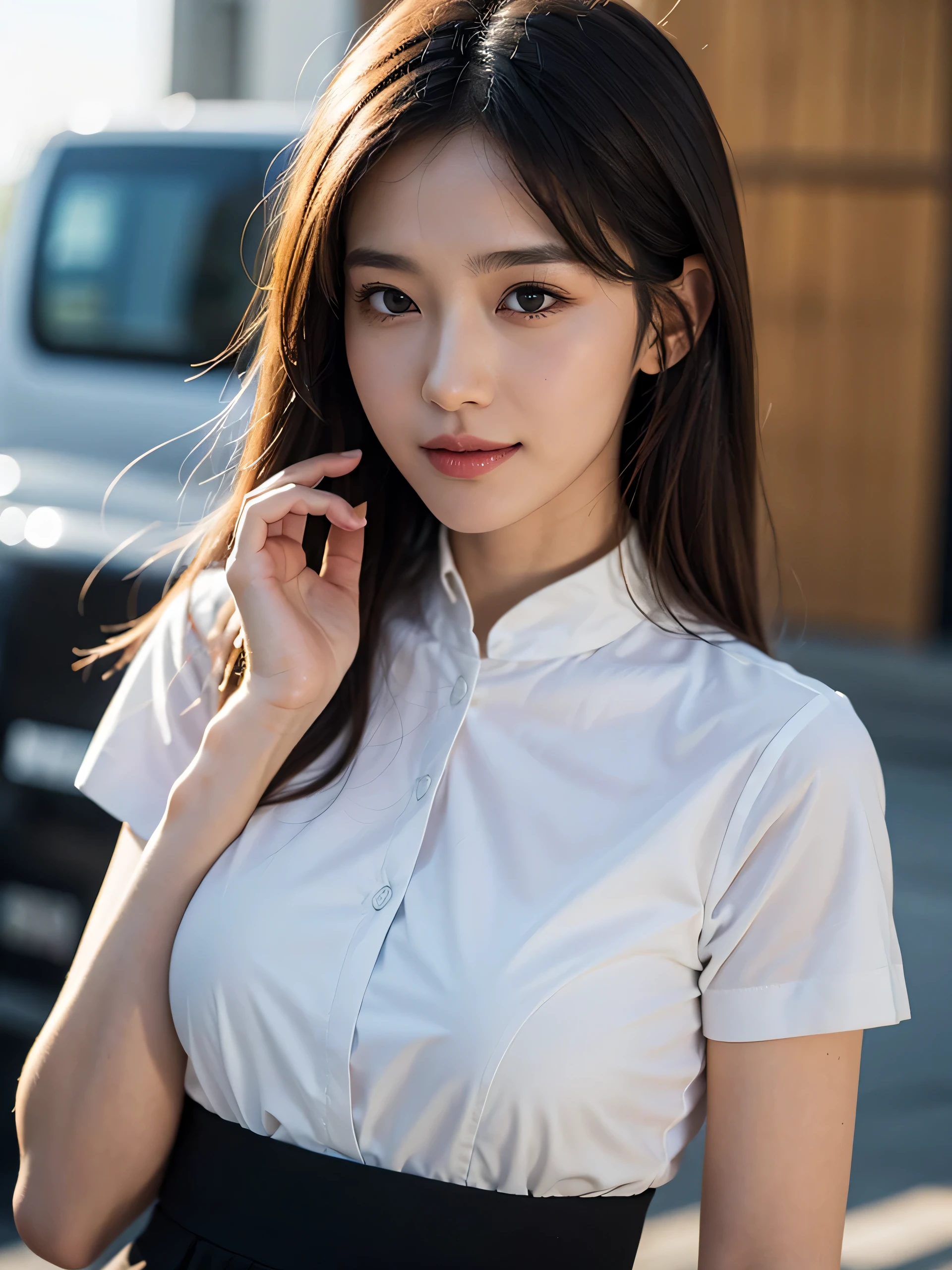 Upper body、avert your eyes、cute japanese girl, gentle features、super cute face、glossy lips、double eyelids in both eyes、natural makeup, smile, long eyelashes are bright, medium hair, Smooth light brown hair、hair swaying in the wind, bangs、center image、8K、high detail、detailed hairstyle、detailed face、great movie lighting、octane rendering、vibrant、surreal、perfect limbs、perfect anatomy, beautiful proportions, blouse,