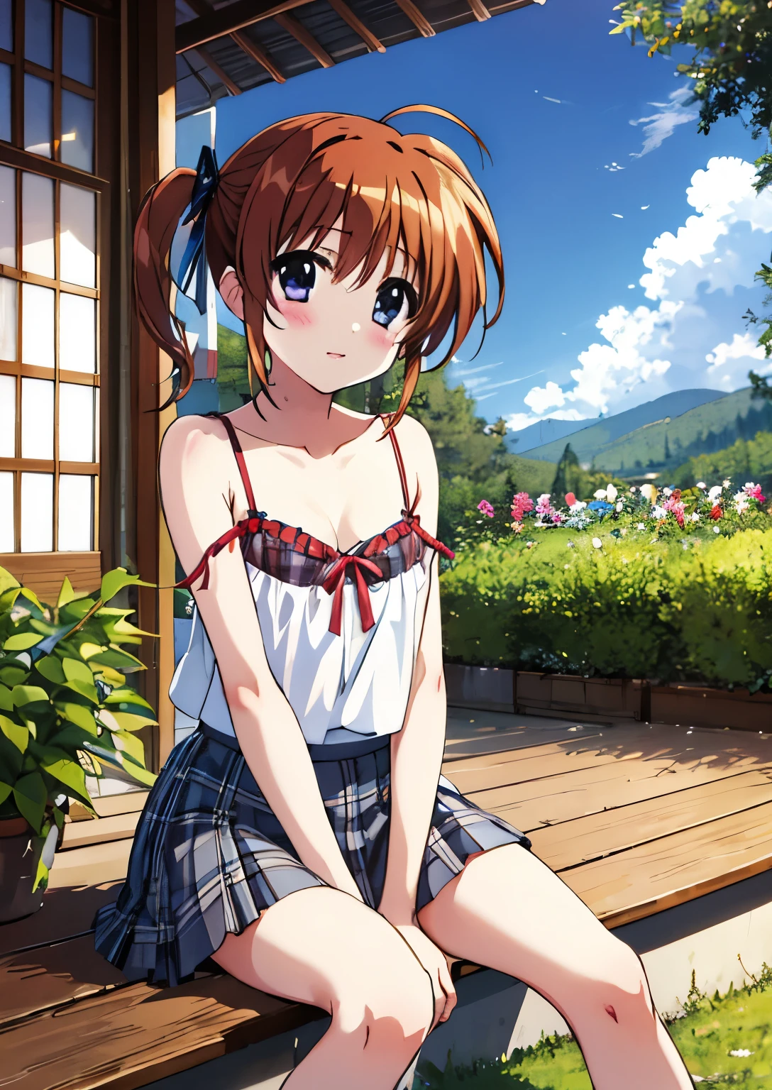 Nanoha,1 girl, Japanese, high school girl,medium hair, bangs, hair between eyes,Wavy hair、 looking at the viewer, whole body, Front view:0.6, (beautiful scenery), garden, camisole, 白のcamisole , Grey plaid pleated skirt, (sitting, lift the skirt, hand between legs), sexy、leaning forward blushing,高町Nanoha