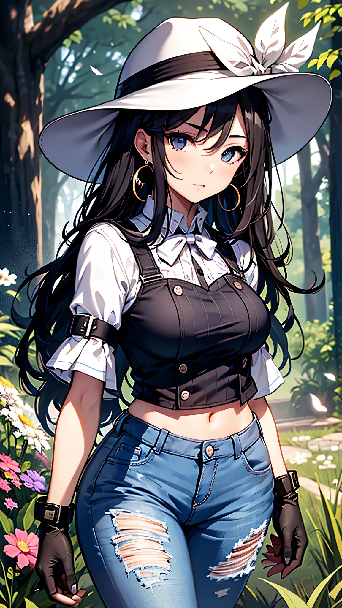 最high quality、best image quality、masterpiece、age girl((18-year-old、 By becoming、vest bust、medium bust,wide open breast tea、black eye, black hair、long hair、thin,highest valley、Perforated gloves、blue earrings、cowboy hat、black vest、white t-shirt、torn blue pants)),high quality、beautiful art、background((grassland)),debris flies、Depth of written boundary、movie、visual art、perfect art、8K,genuine