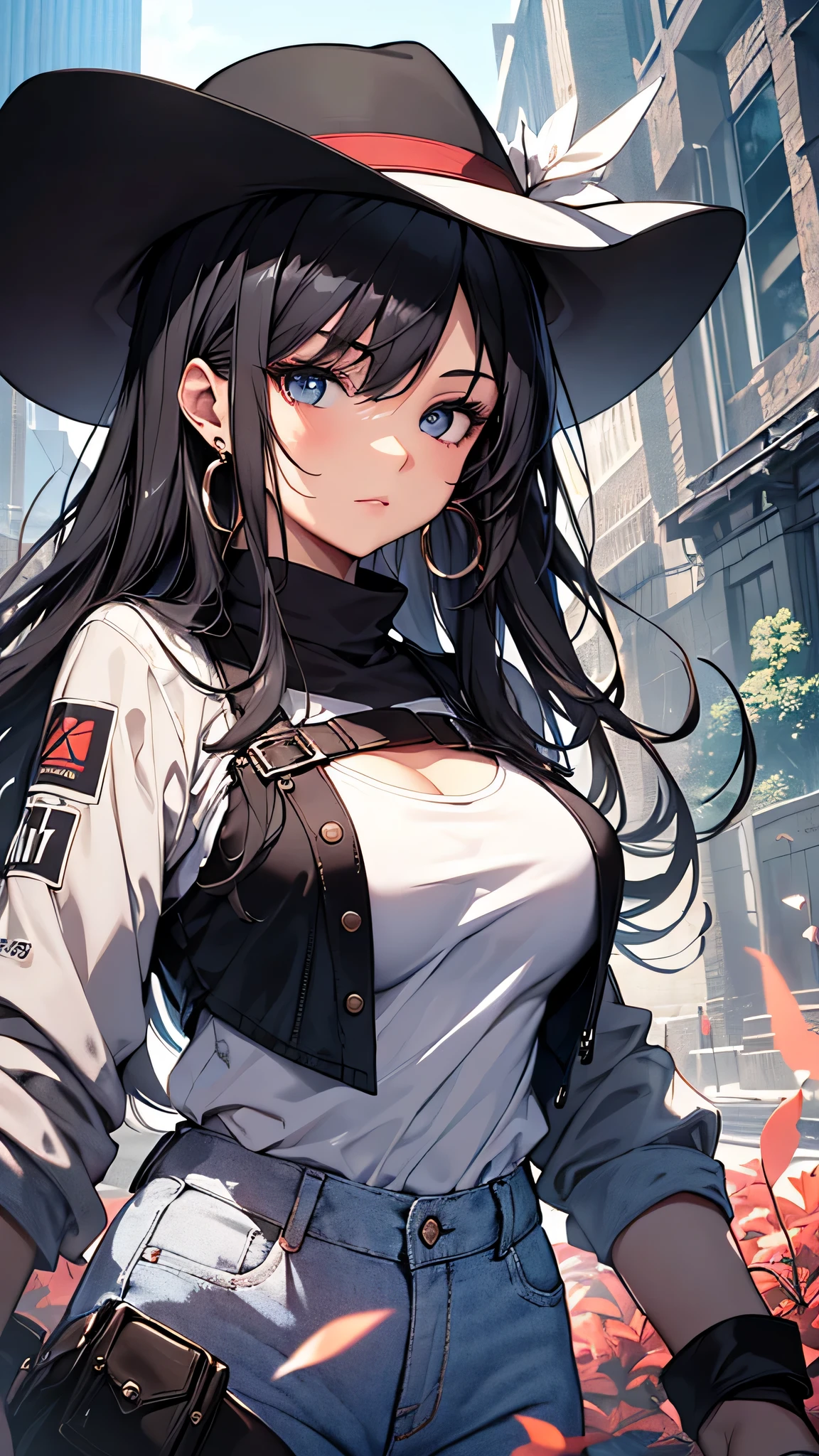 Anime girl in a hat and jeans walking down a street - SeaArt AI