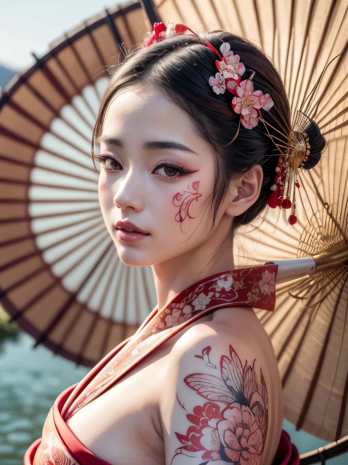 (best quality,4k,8k,highres,masterpiece:1.2),ultra-detailed,(realistic,photorealistic,photo-realistic:1.37),Japanese geisha adorned with intricate wabori tattoos, porcelain skin as a vibrant canvas, bold lines, vibrant colors, traditional kimono, elegant hair accessories, delicate fan, vibrant cherry blossom background, soft natural lighting, traditional Japanese art style