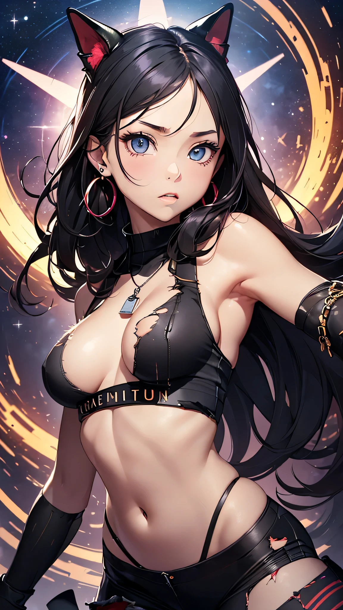 最high quality、best image quality、masterpiece、age girl((18-year-old、 By becoming、vest bust、medium bust,wide open breast tea、black eye, black hair、long hair、thin,highest valley、Torn black t-shirt(2:3)、angry face,damaged pants(2:3)、Perforated gloves、blue earrings、dog tag、Please show me your whole body、fighting pose、Black wings、Red Helmet)),high quality、beautiful art、background((outer space、Subspace、Black Hole)),debris flies、Depth of written boundary、movie、visual art、perfect art、8K,genuine