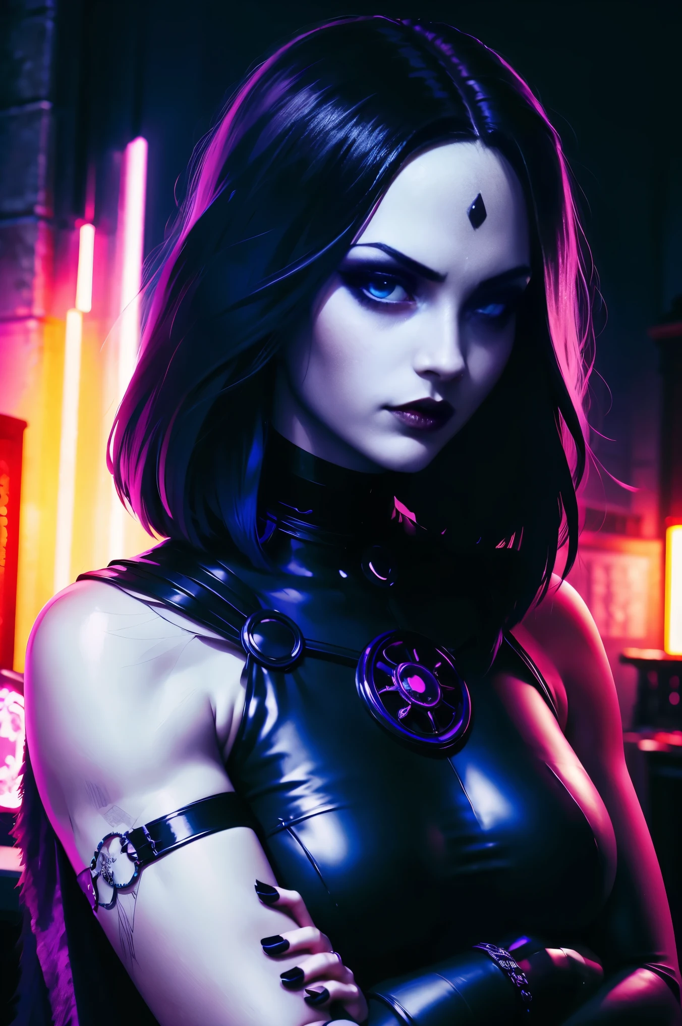 raven solo, gothgirl, with arms crossed looking straight ahead,anime, vibrant colors, dark and mysterious aesthetic, dramatic lighting