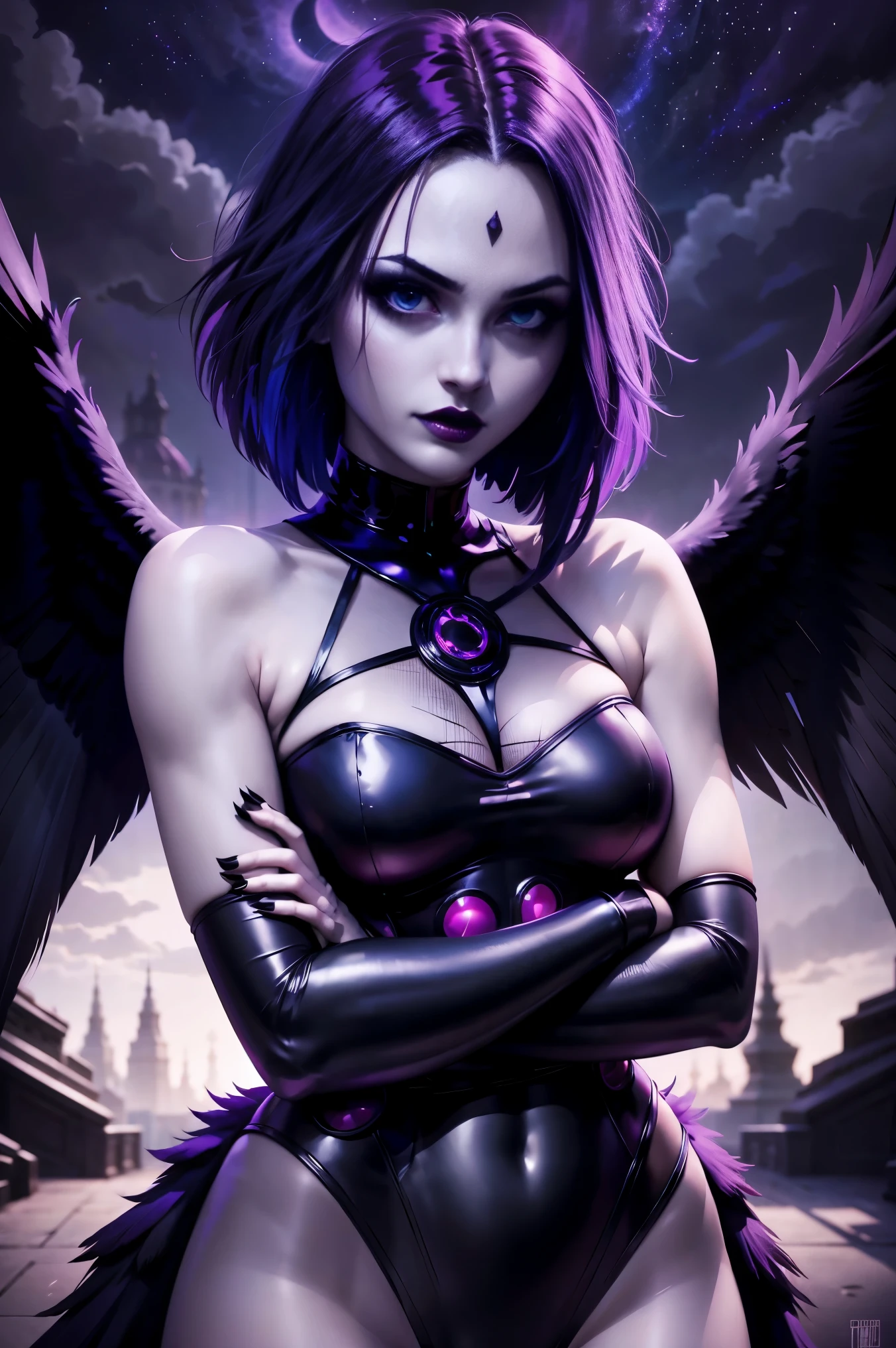 raven solo, gothgirl, with arms crossed looking straight ahead,anime, vibrant colors, dark and mysterious aesthetic, dramatic lighting