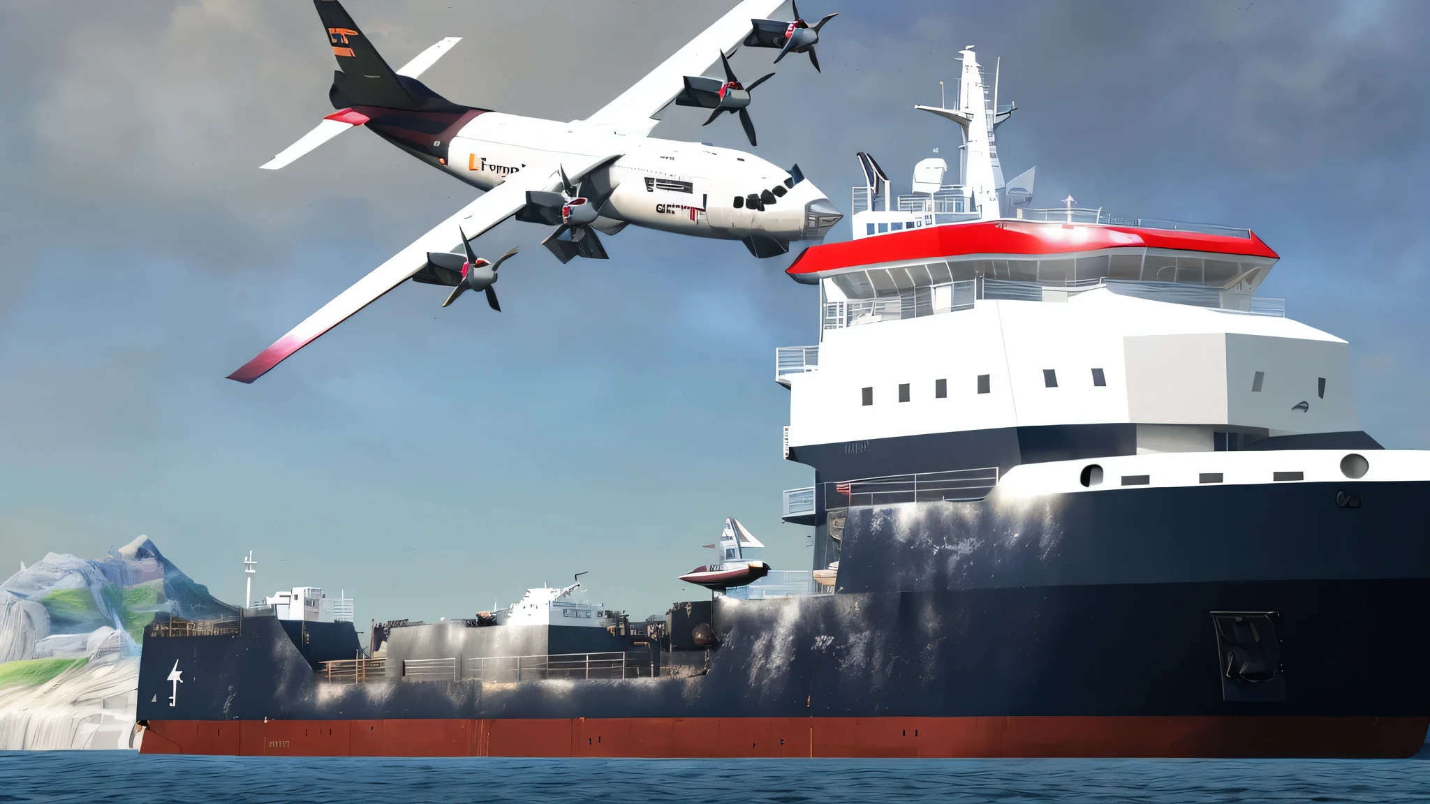 there is a large plane flying over a large boat in the water, flying ships in the background, rendering of checkmate, photo render, rendering, a digital rendering, flying ships, artistic render, fan art, utilitarian cargo ship, highly rendered!!, by Wayne England, full res, photo illustration, photo shot, highly rendered, render, by Richard Mayhew