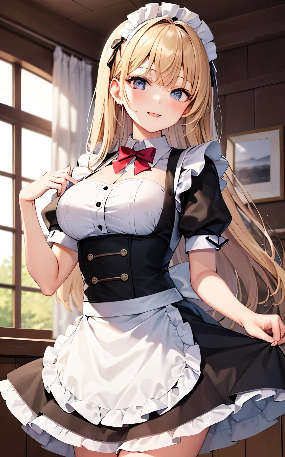 1girl, natural lighting, masterpiece, highly detailed, illustration, game CG, absurdres, high quality, beautiful detailed eyes, glossy lips, natural lighting, medium breasts, blonde hair, low twintails, bangs, hair between eyes, arisa ayase, aahiyori, maid, short puffy sleeves, white thigh highs, small maid apron, short hair, choker, collarbone, cleavage
