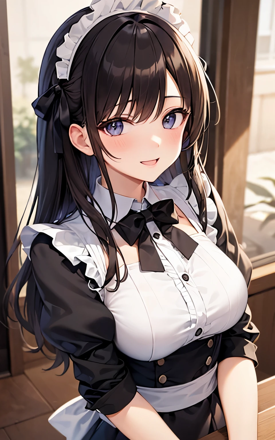 beautiful girl、Maid Cafe、Maid clothes、Upper body is shown、Dazzling smile、