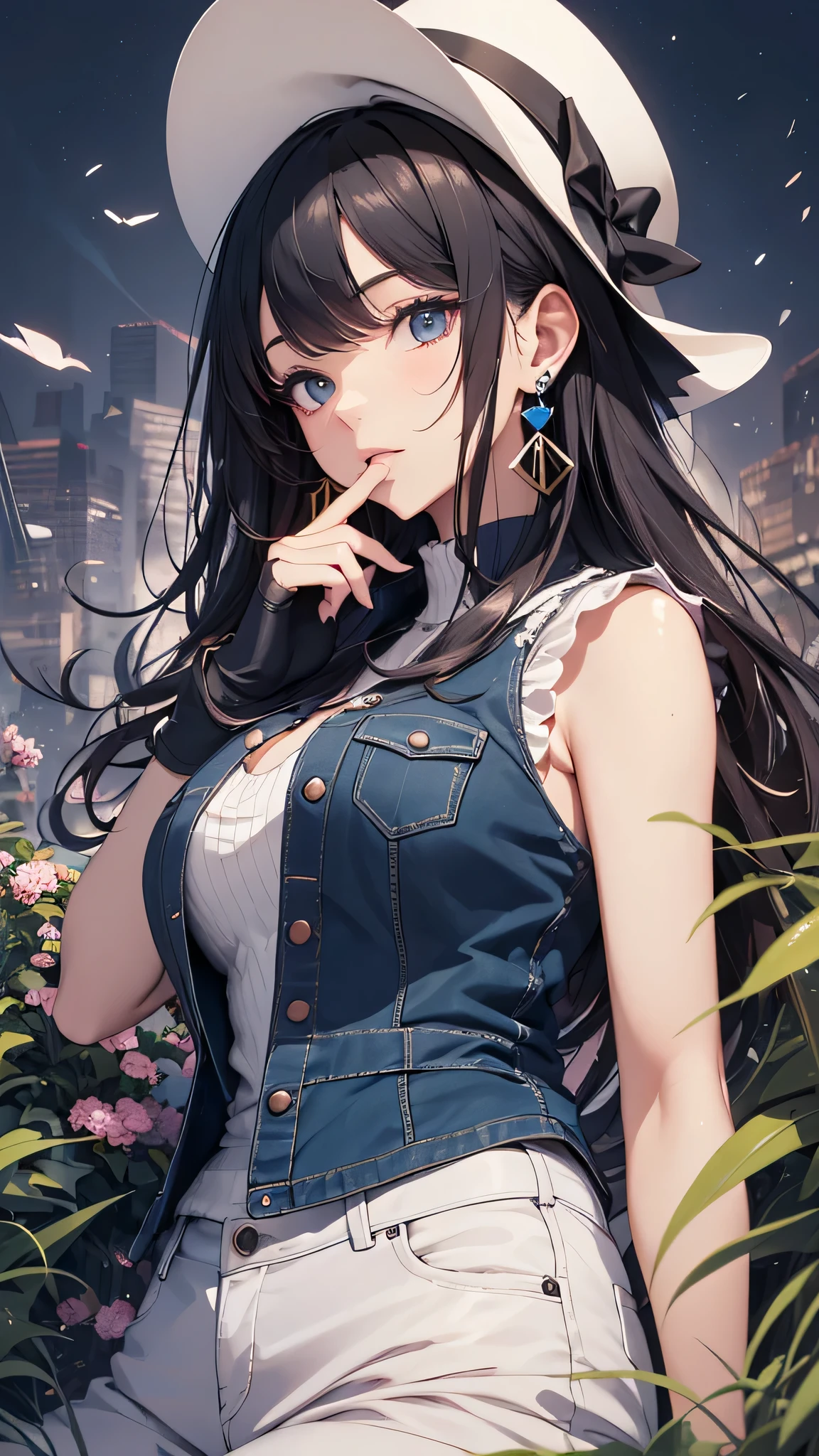 最high quality、best image quality、masterpiece、teenage girl((18-year-old、 By becoming、vest bust、medium bust,wide open breast tea、black eye, black hair、long hair、thin,highest valley、Perforated gloves、blue earrings、cowboy hat、black vest、white t-shirt、torn blue pants)),high quality、beautiful art、background((grassland)),debris flies、Depth of written boundary、movie、visual art、perfect art、8K,genuine