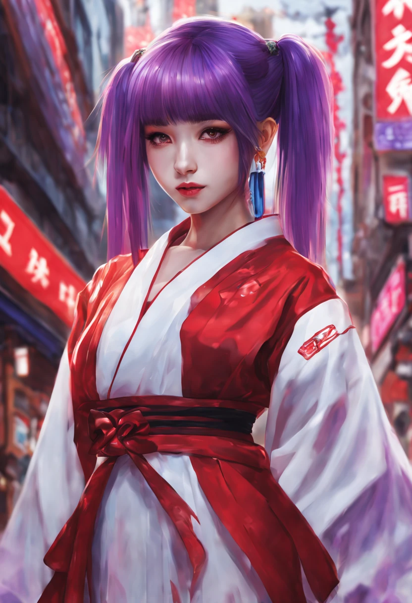 1girl, blunt bangs, braid, wide sleeves, hair ornament, japanese clothes, red obi, (purple hair:1.2), very long hair, straight hair, looking at viewer, highly detailed background, (photo realistic:1.2), detailed eyes, red eyeshadow, depth of field,thigh, (ulzzang-6500:0.7), upper body, (solo:1.2), (cyberpunk city:1.1), cleavage, (finger on lips:1.1),Shiny skin