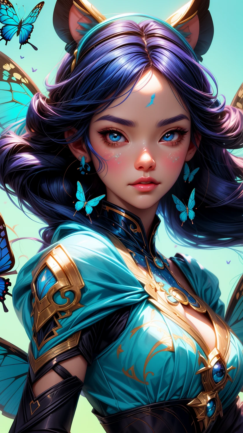 a close up of a woman with blue butterflies on her face, ross tran style, fantasy art style, disney art style, lois van rossdraws, rossdraws cartoon vibrant, inspired by Ross Tran, in the style of ross tran, ! dream artgerm, style artgerm, rossdraws 1. 0, rossdraws 2. 0, beautiful digital artwork