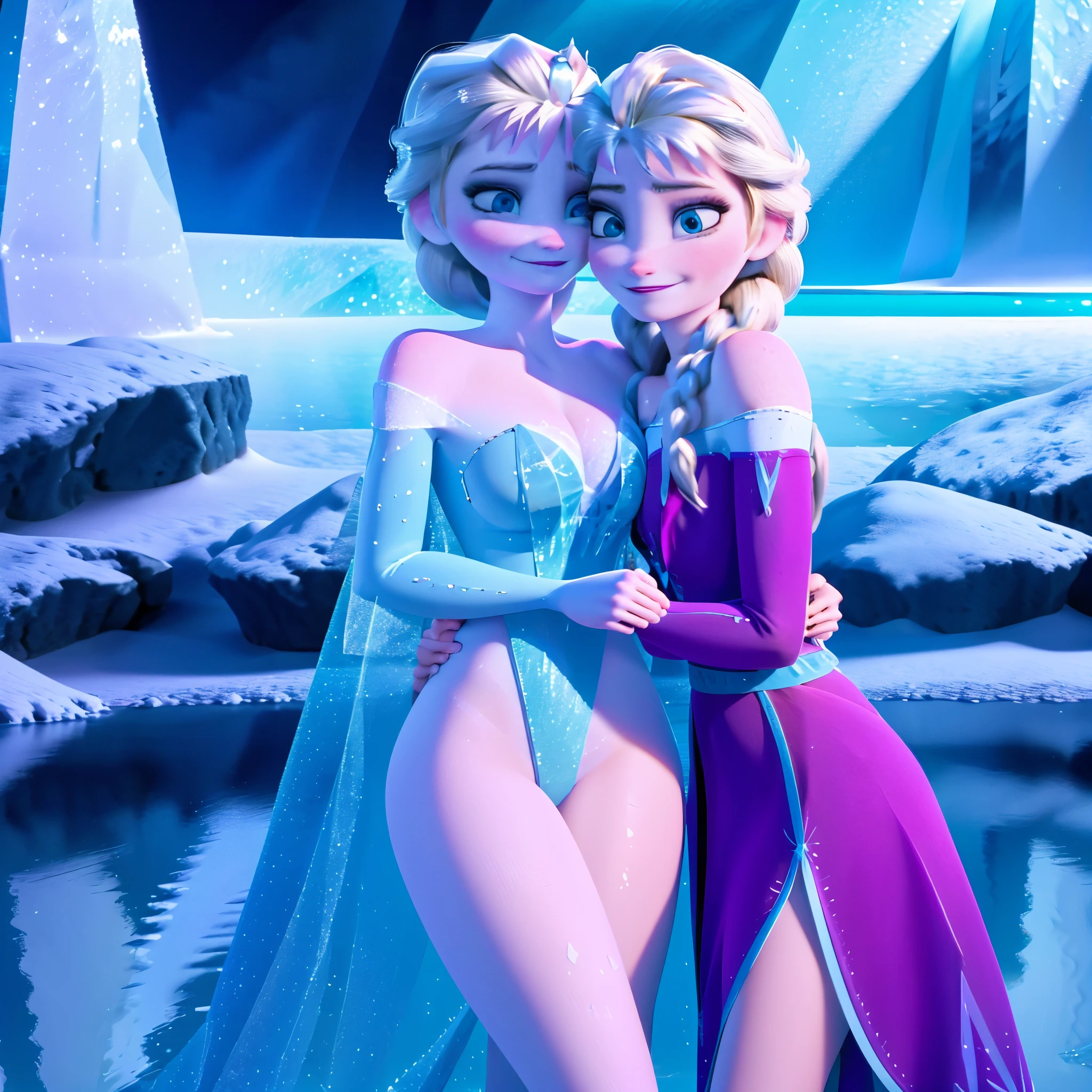 Elsa and Anna ((2girls)) in bikinis having fun, background a frozen sea with icebergs ((masterpiece)) ((best quality)) ((highly detailed))