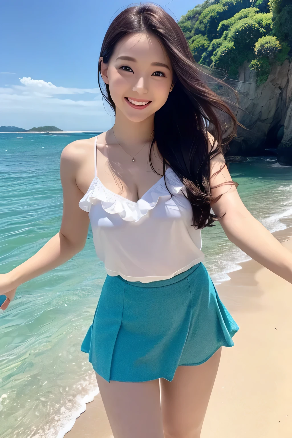 high 、mini skirt、A beautiful woman with a sense of transparency、cute、Entering the sea、Beautiful sea in the background、smile