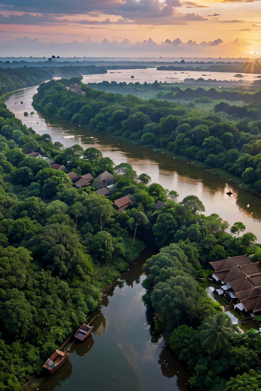 malaysia scenery landscape in year 1562, include river, 6 traditional house atap nipah, traditional wooden boat, small village nearest river, rainforest, sunset, bird eye view, lighting horror indonesian movie