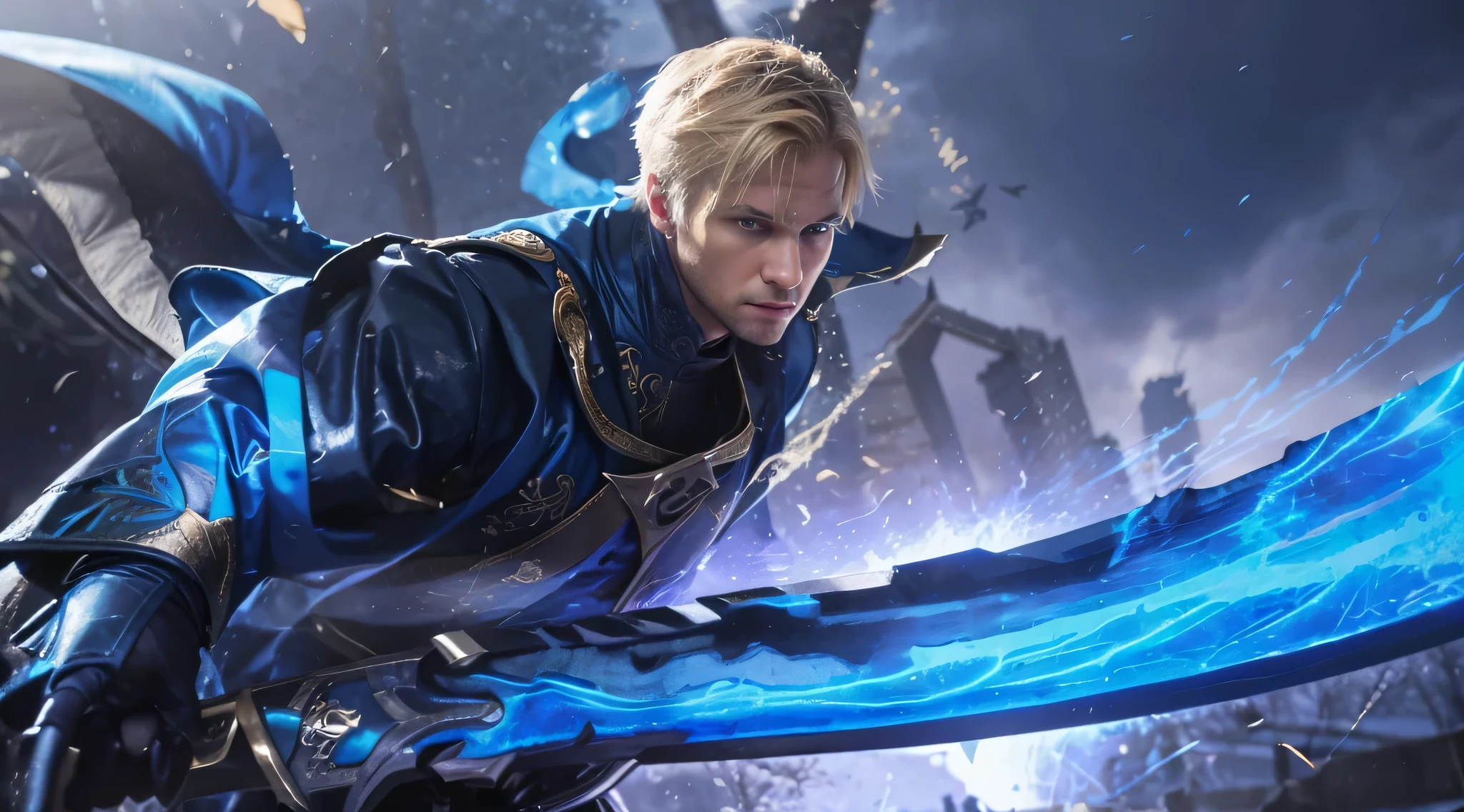 The image features a blonde man dressed in blue and black, holding a large sword with both hands. He is wearing a cape and appears to be the main focus of the scene. In addition to the man, there are several birds visible in the background, adding more depth to the image.